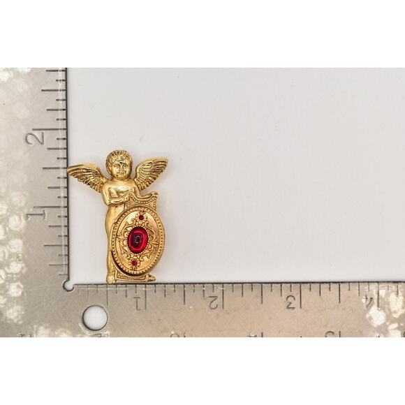 Vatican Library Vintage Angel Cherub Locket Pin Brooch Red Cabochon Signed BinBI - Picture 12 of 12